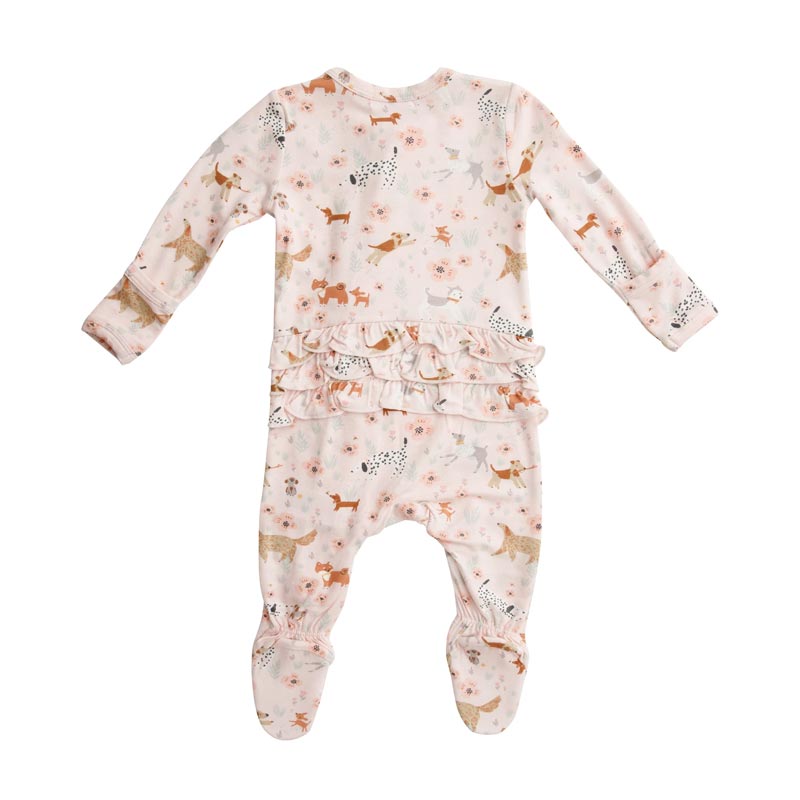 RUFFLE FRONT ZIPPER FOOTIE- FLORAL PUPS